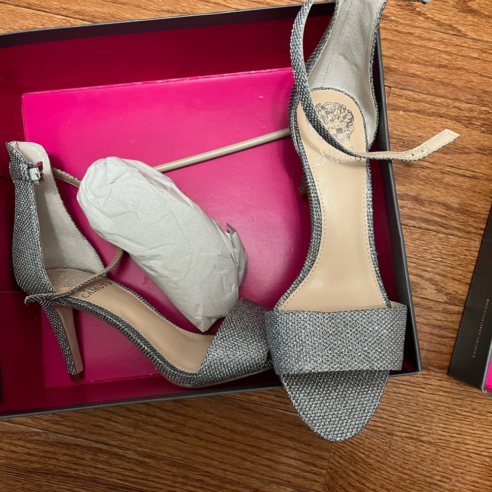 Vince Camuto VC-court Silver Flash Fabric ankle wrap heel - Size 7.5